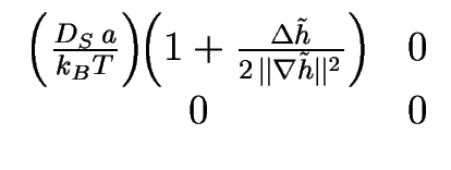 $\displaystyle \begin{array}{cc} \left(\frac{D_S \, a}{k_B T}\right)\!\!\left( 1...
...lde h}}{2 \, \Vert \nabla {\tilde h} \Vert^2} \right) & 0 \\  0 & 0 \end{array}$